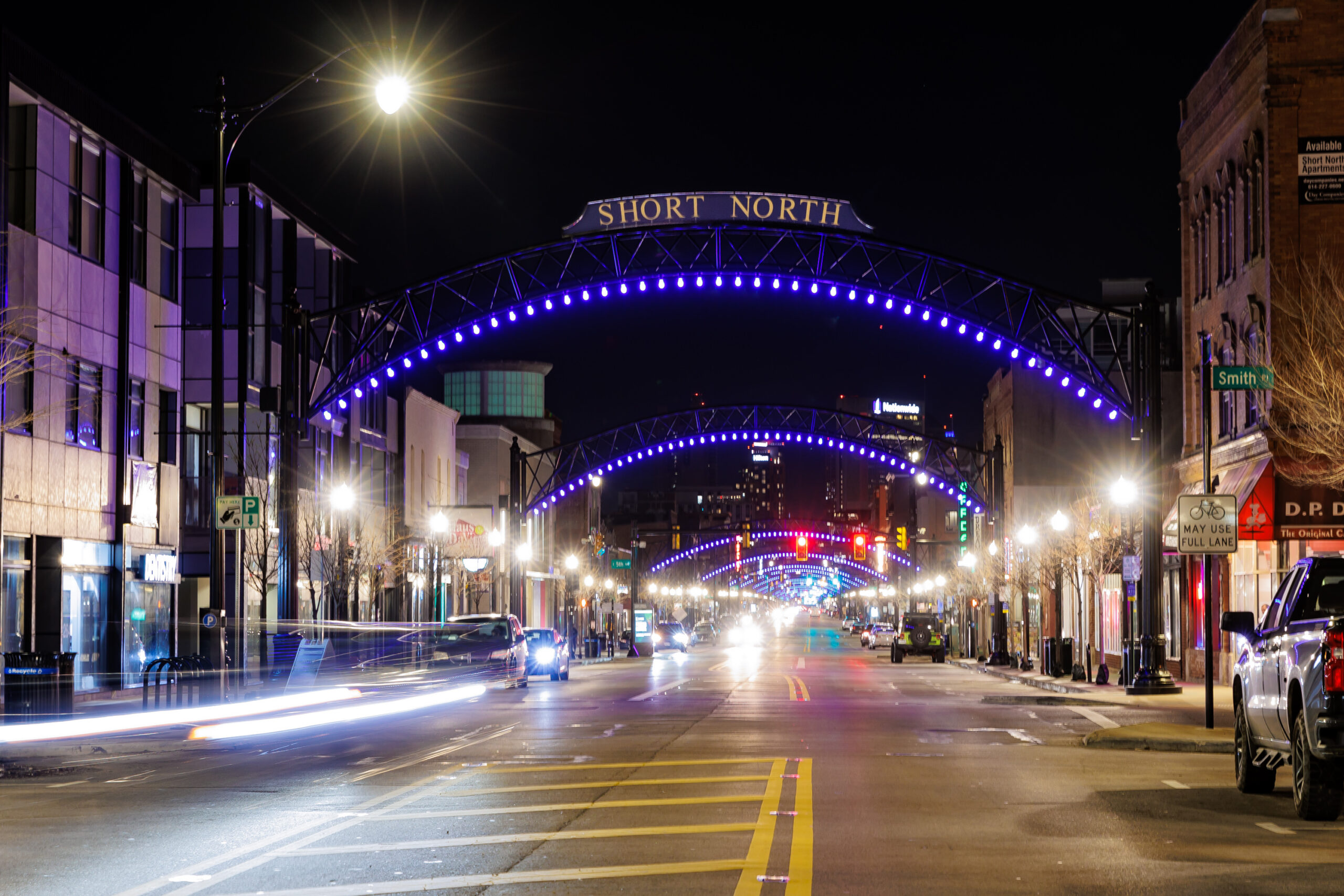 The arches of the Short North neighborhood in Columbus lit up blue in honor of Rare Disease Day.